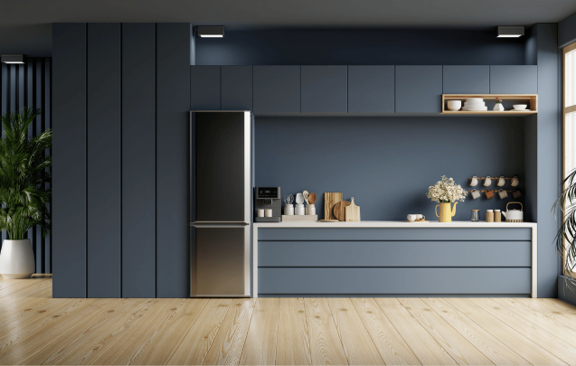 Sleek modern kitchen with dark blue cabinets, stainless steel fridge, and wooden decor. Natural light from window, plant in corner. Calm ambiance.