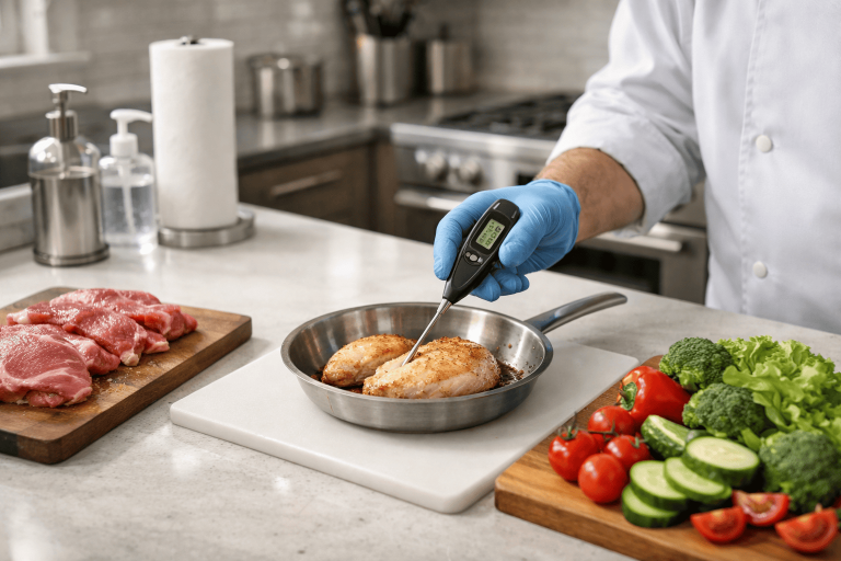 Checking internal temperature of chicken with a digital thermometer in a clean home kitchen, demonstrating safe food handling and food safety basics.