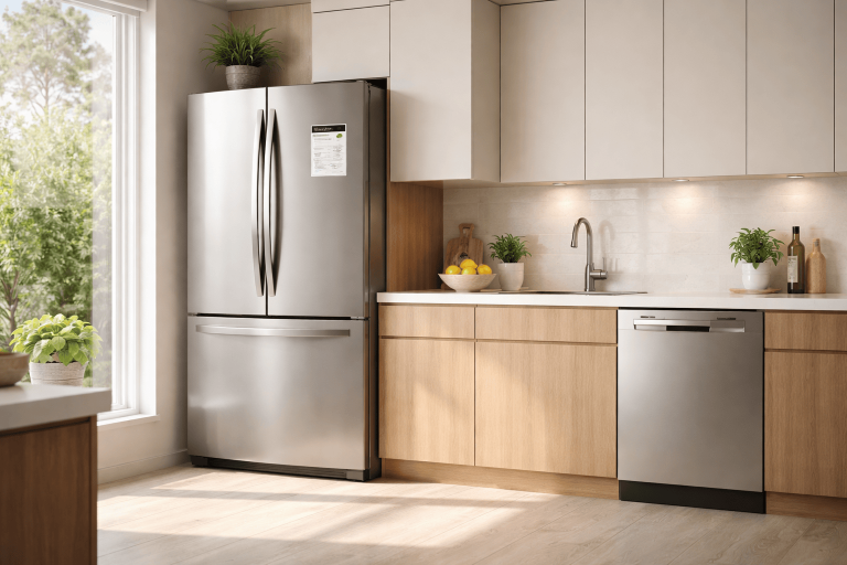 Modern kitchen with energy-efficient refrigerator and dishwasher designed to reduce household energy use.