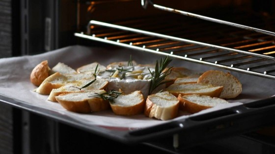 Slices of crusty French bread and melted brie cheese with rosemary being pulled out of a Miele steam oven, showcasing perfect moisture control in a humid climate.