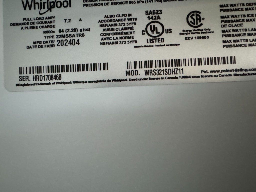Whirlpool 33-inch Wide Side-by-Side Refrigerator - 21 cu. ft. Fingerprint-Resistant Stainless Finish WRS321SDHZ, product image 3 of 3