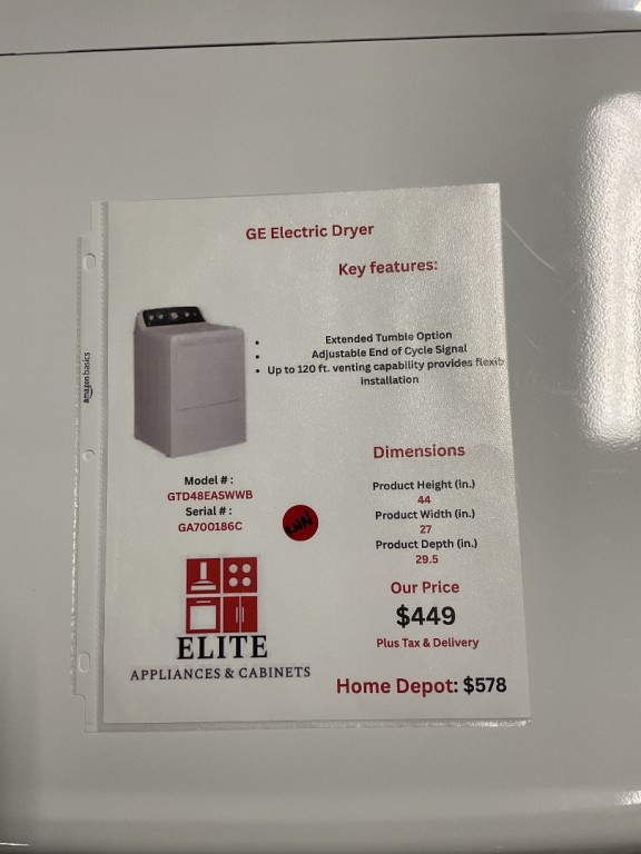 GE 7.2 cu. ft. Capacity Electric Dryer with Up To 120 ft. Venting and Extended Tumble White with Matte Black Backsplash GTD48EASWWB, product image 5 of 5