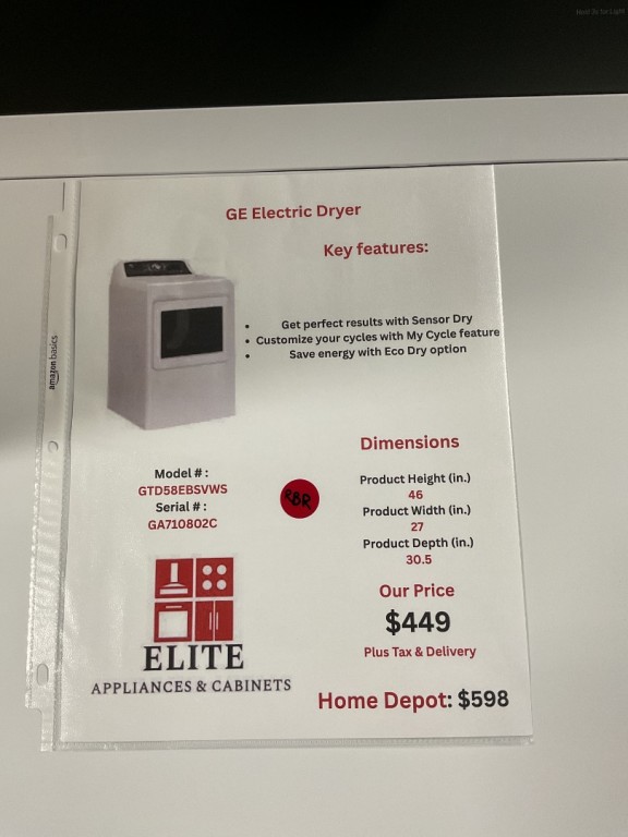 GE 7.4 cu. ft. Capacity Electric Dryer with Up To 120 ft. Venting and Sensor Dry White with Matte Black Backsplash GTD58EBSVWS, product image 5 of 5