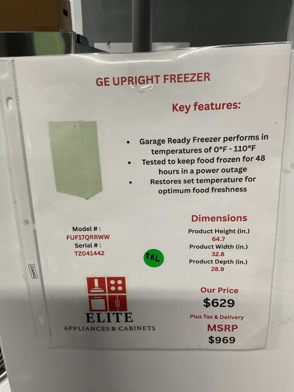 GE 17.3 Cu. Ft. Frost-Free Garage Ready Upright Freezer Other FUF17QRRWW