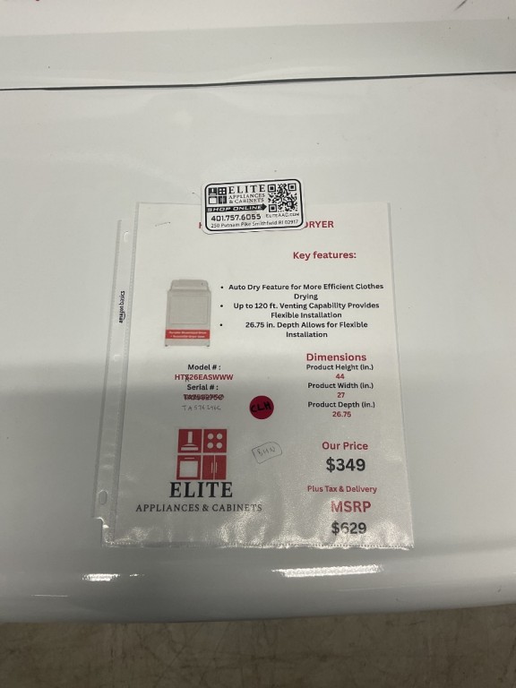 Hotpoint 6.2 Cu. Ft. Capacity Electric Dryer With Up To 120 Ft. Venting And Shallow Depth White HTX26EASWWW, product image 3 of 19