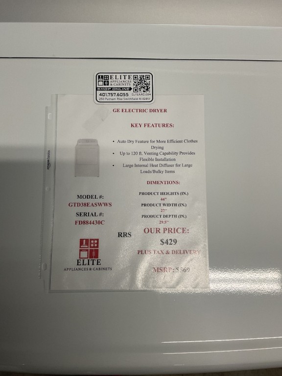 GE 7.2 cu. ft. Capacity Electric Dryer with Up To 120 ft. Venting and Reversible Door White with Silver Matte Backsplash GTD38EASWWS, product image 2 of 2