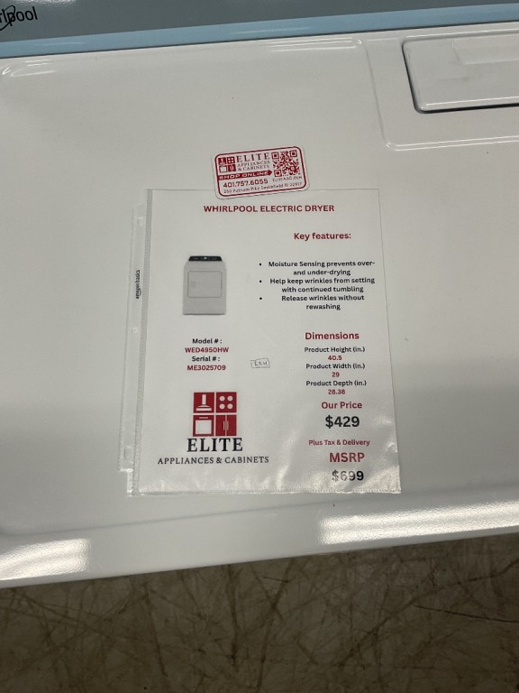 Whirlpool 7.0 cu. ft. Top Load Electric Dryer with AutoDry™ Drying System White WED4950HW, product image 2 of 2