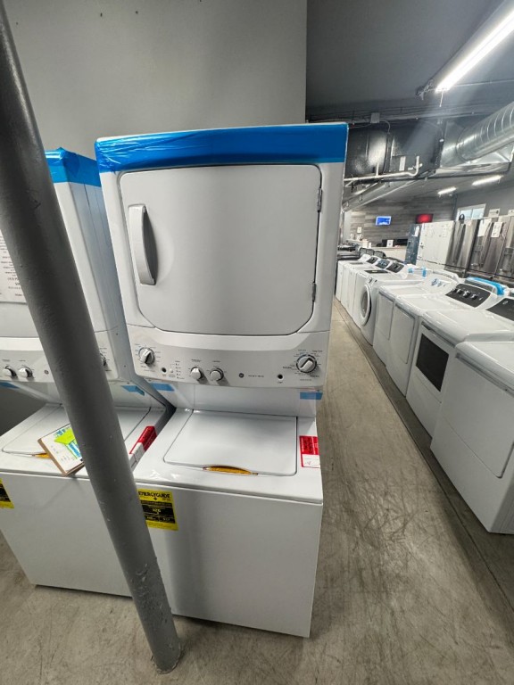 GE Unitized Spacemaker 3.8 cu. ft. Capacity Washer with Stainless Steel Basket and 5.9 cu. ft. Capacity Electric Dryer White on White GUD27ESSMWW, product image 2 of 20