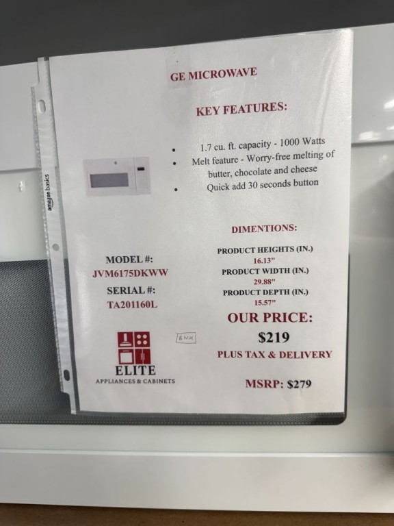 GE 1.7 Cu. Ft. Over-the-Range Sensor Microwave Oven White JVM6175DKWW, product image 4 of 16