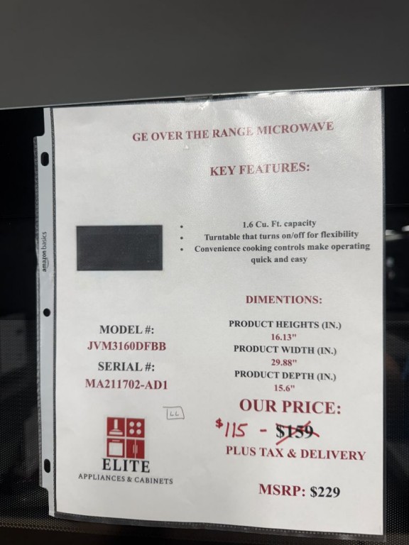 GE 1.6 Cu. Ft. Over-the-Range Microwave Oven Black JVM3160DFBB, product image 3 of 16