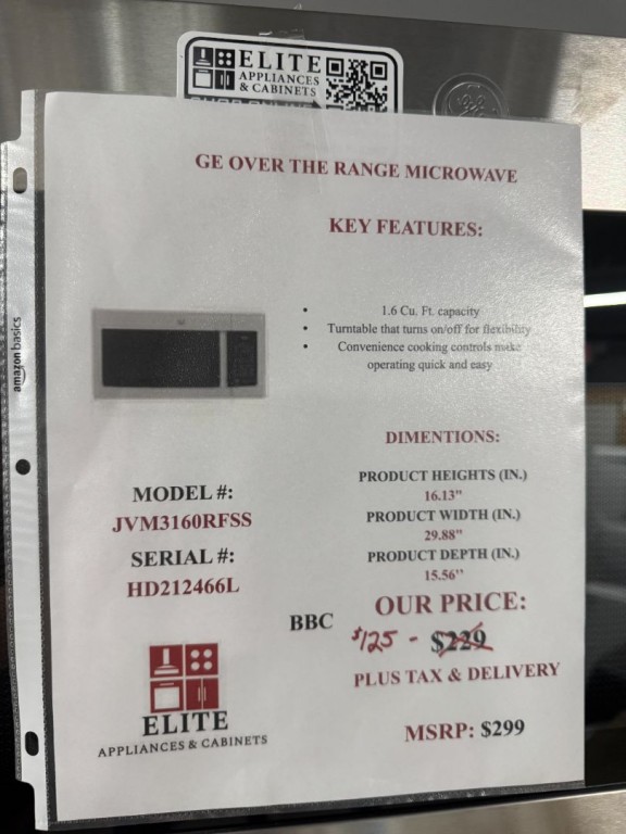 GE 1.6 Cu. Ft. Over-the-Range Microwave Oven Stainless Steel JVM3160RFSS, product image 6 of 24