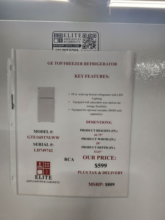 GE 15.6 Cu. Ft. Top-Freezer Refrigerator White GTE16DTNLWW, product image 3 of 9