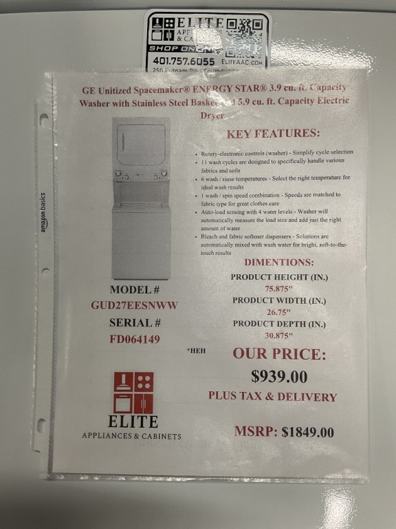 GE Unitized Spacemaker 3.9 cu. ft. Capacity Washer with Stainless Steel Basket and 5.9 cu. ft. Capacity Electric Dryer White on White GUD27EESNWW, product image 4 of 14