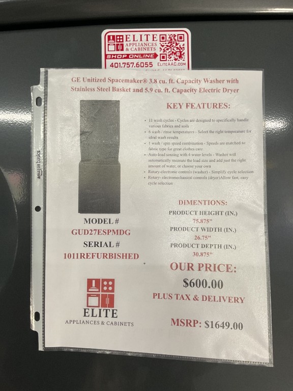 GE Unitized Spacemaker 3.8 cu. ft. Capacity Washer with Stainless Steel Basket and 5.9 cu. ft. Capacity Electric Dryer Diamond Gray GUD27ESPMDG, product image 4 of 14