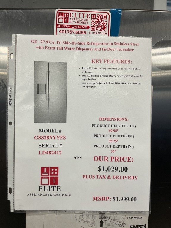 GE 27.9 Cu. Ft. Side-By-Side Refrigerator with Extra Tall Dispenser and In-Door Icemaker Fingerprint Resistant Stainless GSS28NYYFS, product image 6 of 90