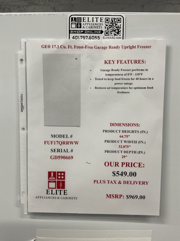 GE 17.3 Cu. Ft. Frost-Free Garage Ready Upright Freezer White FUF17QRRWW, product image 8 of 21