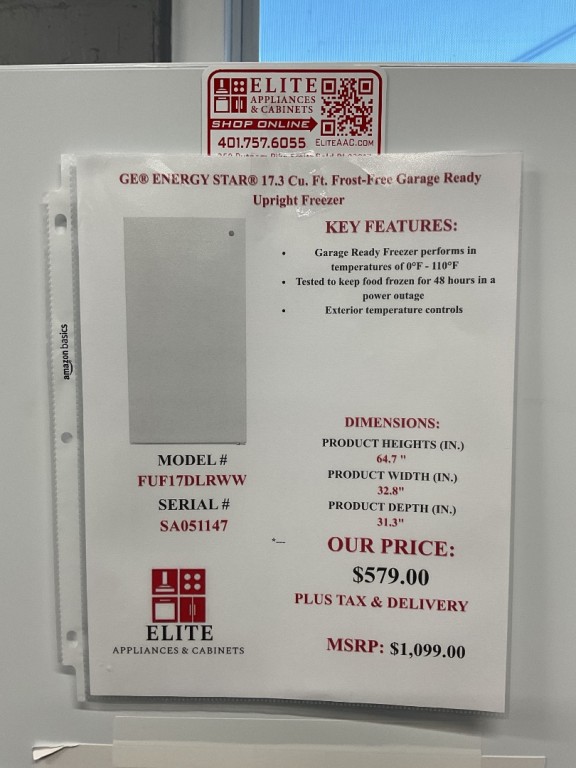 GE 17.3 Cu. Ft. Frost-Free Garage Ready Upright Freezer White FUF17DLRWW, product image 5 of 24