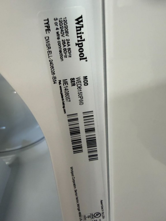 Whirlpool 7.0 Cu. Ft. Whirlpool® Top Load Electric Dryer with Moisture Sensor White WED6150PW