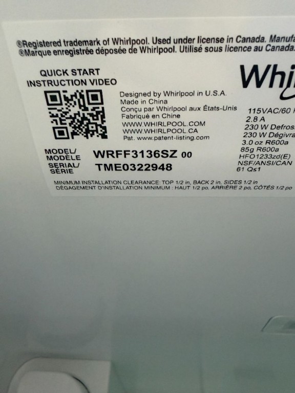 Whirlpool 36-Inch French Door Refrigerator with Ice Maker - 31 cu. ft. Fingerprint-Resistant Stainless Finish WRFF3136SZ