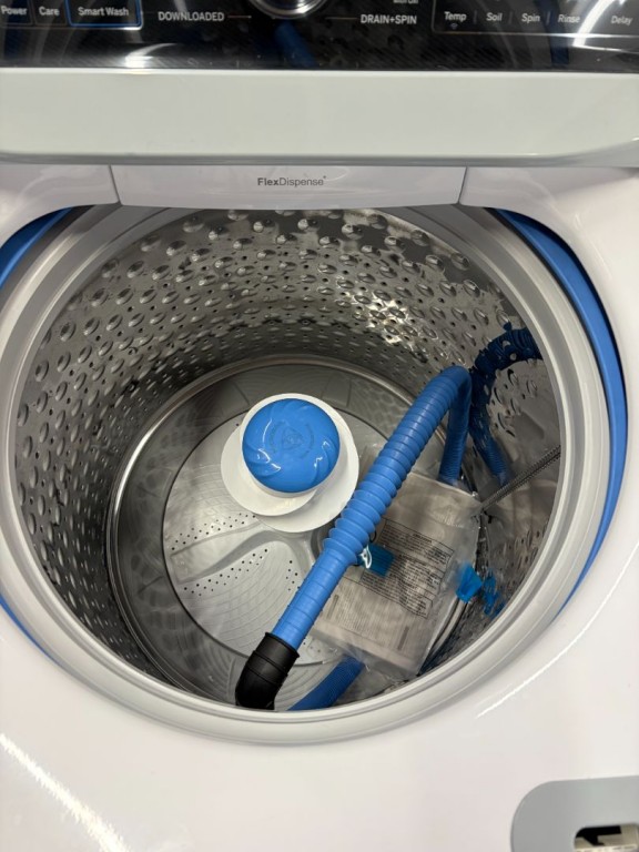 GE Profile 5.3 cu. ft. Capacity Washer with Smarter Wash Technology and FlexDispense White on White PTW705BSTWS
