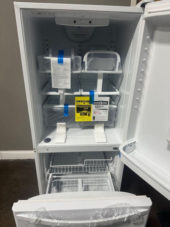Whirlpool 30-inches wide Bottom-Freezer Refrigerator with SpillGuard™ Glass Shelves - 18.7 cu. ft. White-on-White WRB329DMBW