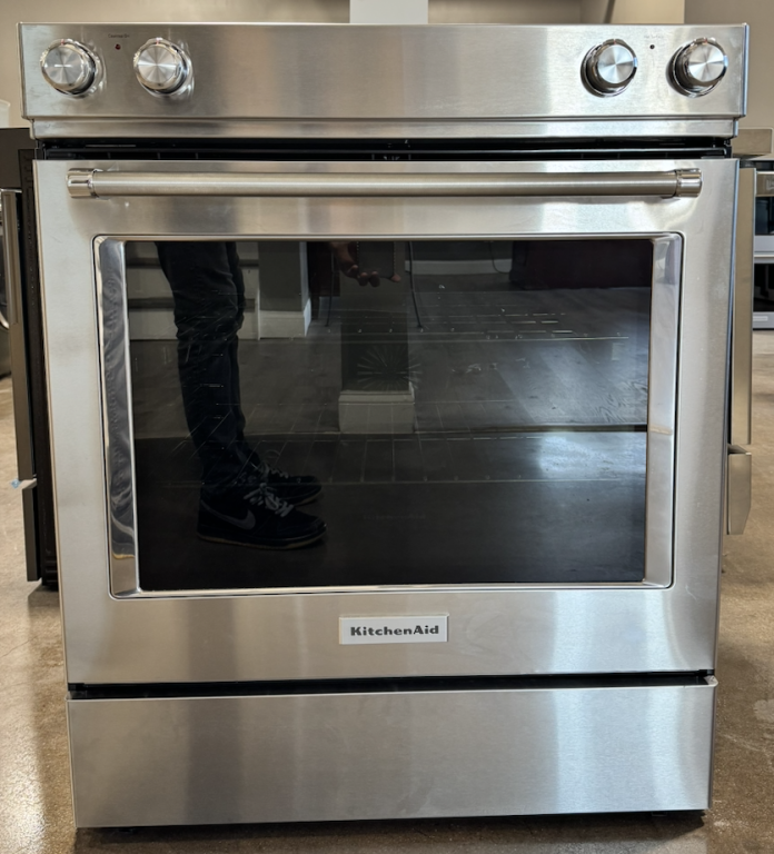 KitchenAid 30-inch 4-element Electric Downdraft Slide-in Range Stainless Steel KSEG950ESS