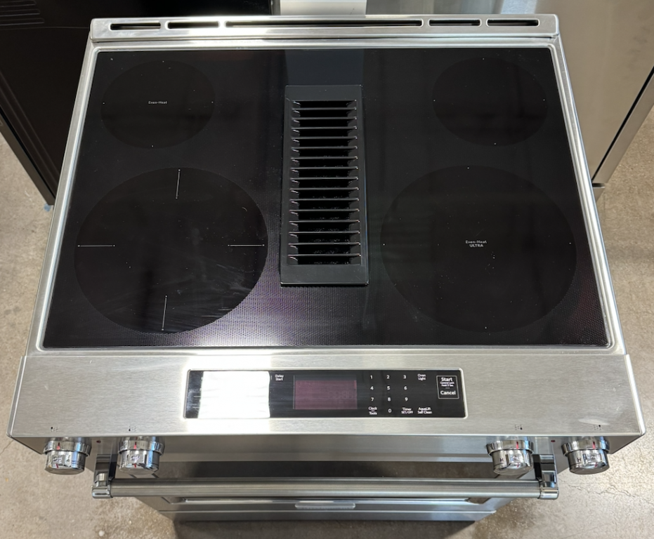 KitchenAid 30-inch 4-element Electric Downdraft Slide-in Range Stainless Steel KSEG950ESS