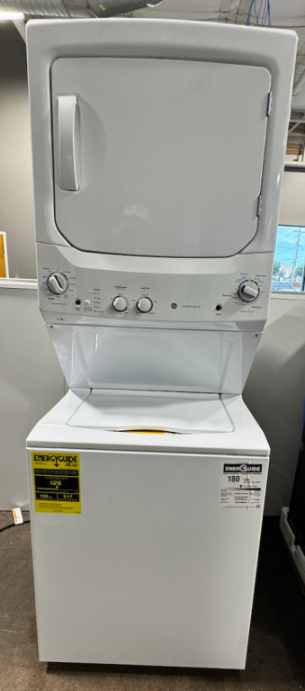 GE Unitized Spacemaker 3.8 cu. ft. Capacity Washer with Stainless Steel Basket and 5.9 cu. ft. Capacity Gas Dryer White on White GUD27GSSMWW