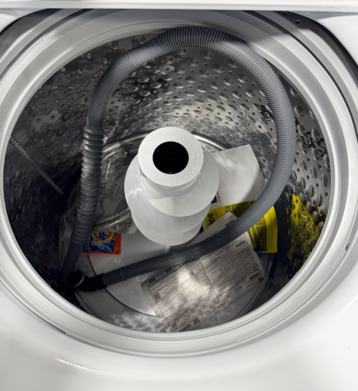 GE 4.3 cu. ft. Capacity Washer with Stainless Steel Basket,5-yr Limited Warranty White with Black Stainless Backsplash GTW525ACWWB
