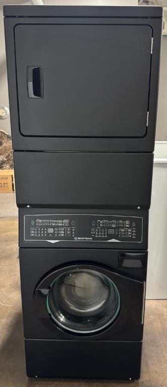 Speed Queen SF7 Stacked Washer – Gas Dryer with Pet Plus™ Matte Black SF7008BG, product image 1 of 7