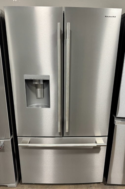 KitchenAid 30 Cu. Ft. 36-inch French Door Refrigerator With Exterior Water And Ice Dispenser And Wood-look Sliding Tray In Printshield® Finish PrintShield Stainless KRFF436SPS, product image 1 of 7