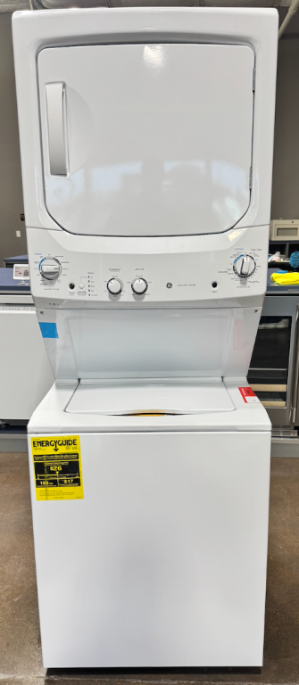 GE Unitized Spacemaker 3.8 cu. ft. Capacity Washer with Stainless Steel Basket and 5.9 cu. ft. Capacity Electric Dryer White on White GUD27ESSMWW, product image 1 of 23